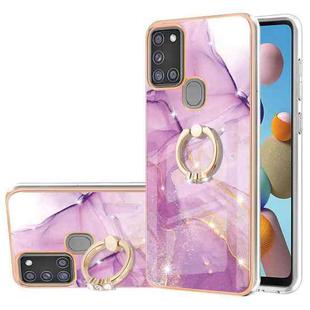 For Samsung Galaxy A21s Electroplating Marble Pattern IMD TPU Shockproof Case with Ring Holder(Purple 001)