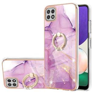 For Samsung Galaxy A22 5G US Version Electroplating Marble Pattern IMD TPU Shockproof Case with Ring Holder(Purple 001)