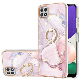 For Samsung Galaxy A22 5G US Version Electroplating Marble Pattern IMD TPU Shockproof Case with Ring Holder(Rose Gold 005)
