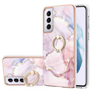 For Samsung Galaxy S21 5G Electroplating Marble Pattern IMD TPU Shockproof Case with Ring Holder(Rose Gold 005)
