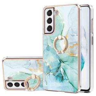 For Samsung Galaxy S21 FE 5G Electroplating Marble Pattern IMD TPU Shockproof Case with Ring Holder(Green 003)
