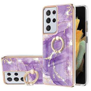 For Samsung Galaxy S21 Ultra 5G Electroplating Marble Pattern IMD TPU Shockproof Case with Ring Holder(Purple 002)