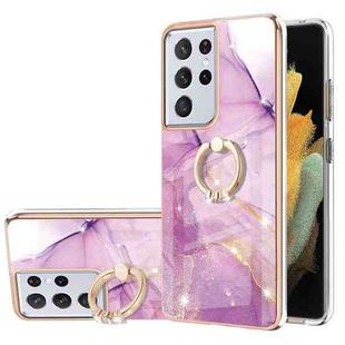 For Samsung Galaxy S21 Ultra 5G Electroplating Marble Pattern IMD TPU Shockproof Case with Ring Holder(Purple 001)