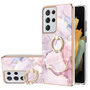 For Samsung Galaxy S21 Ultra 5G Electroplating Marble Pattern IMD TPU Shockproof Case with Ring Holder(Rose Gold 005)