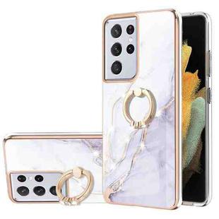 For Samsung Galaxy S21 Ultra 5G Electroplating Marble Pattern IMD TPU Shockproof Case with Ring Holder(White 006)