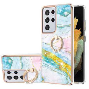 For Samsung Galaxy S21 Ultra 5G Electroplating Marble Pattern IMD TPU Shockproof Case with Ring Holder(Green 004)