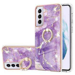 For Samsung Galaxy S21+ 5G Electroplating Marble Pattern IMD TPU Shockproof Case with Ring Holder(Purple 002)