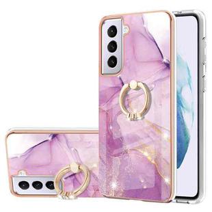 For Samsung Galaxy S21+ 5G Electroplating Marble Pattern IMD TPU Shockproof Case with Ring Holder(Purple 001)
