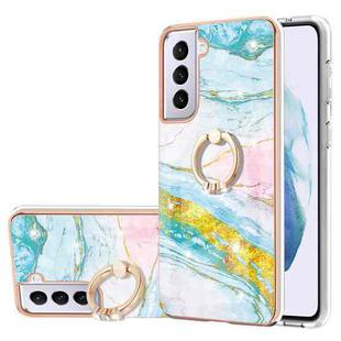 For Samsung Galaxy S21+ 5G Electroplating Marble Pattern IMD TPU Shockproof Case with Ring Holder(Green 004)