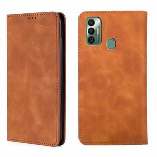For Tecno Spark 7 Skin Feel Magnetic Horizontal Flip Leather Case with Holder & Card Slots(Light Brown)