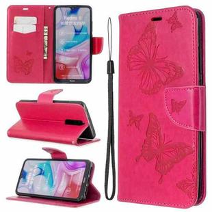 For Xiaomi Redmi  8 Embossing Two Butterflies Pattern Horizontal Flip PU Leather Case with Holder & Card Slot & Wallet & Lanyard(Rose Red)