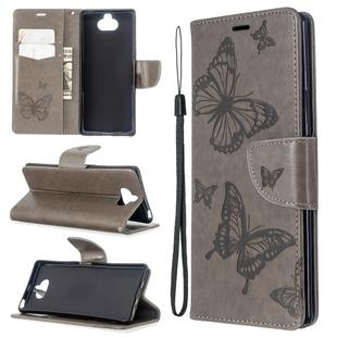 For Sony Xperia 20 Embossing Two Butterflies Pattern Horizontal Flip PU Leather Case with Holder & Card Slot & Wallet & Lanyard(Gray)