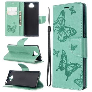 For Sony Xperia 20 Embossing Two Butterflies Pattern Horizontal Flip PU Leather Case with Holder & Card Slot & Wallet & Lanyard(Green)