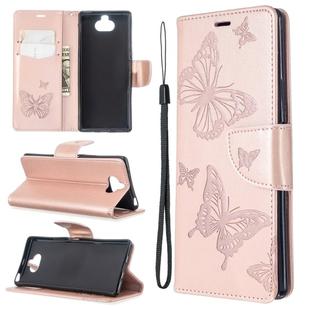 For Sony Xperia 20 Embossing Two Butterflies Pattern Horizontal Flip PU Leather Case with Holder & Card Slot & Wallet & Lanyard(Gold)