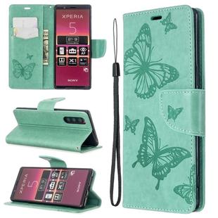 For Sony Xperia 5 / XZ5 Embossing Two Butterflies Pattern Horizontal Flip PU Leather Case with Holder & Card Slot & Wallet & Lanyard(Green)