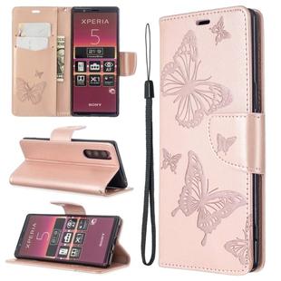 For Sony Xperia 5 / XZ5 Embossing Two Butterflies Pattern Horizontal Flip PU Leather Case with Holder & Card Slot & Wallet & Lanyard(Gold)