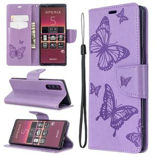 For Sony Xperia 5 / XZ5 Embossing Two Butterflies Pattern Horizontal Flip PU Leather Case with Holder & Card Slot & Wallet & Lanyard(Purple)