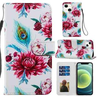 For iPhone 13 Painted Pattern Horizontal Flip Leather Case with Holder & Card Slots & Photo Frame(Peacock Flower)