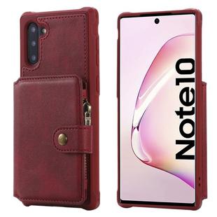 For  Galaxy Note 10 Buckle Zipper Shockproof Protective Case with Holder & Card Slots & Wallet & Lanyard & Photos Frames(Red)