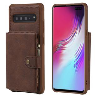 For Galaxy S10 5G Buckle Zipper Shockproof Protective Case with Holder & Card Slots & Wallet & Lanyard & Photos Frames(Coffee)
