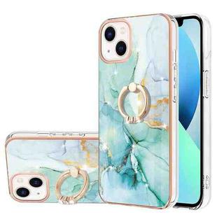 For iPhone 13 Electroplating Marble Pattern IMD TPU Shockproof Case with Ring Holder( Green 003)