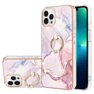 For iPhone 13 Pro Electroplating Marble Pattern IMD TPU Shockproof Case with Ring Holder (Rose Gold 005)