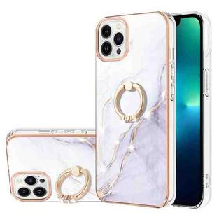 For iPhone 13 Pro Max Electroplating Marble Pattern IMD TPU Shockproof Case with Ring Holder (White 006)