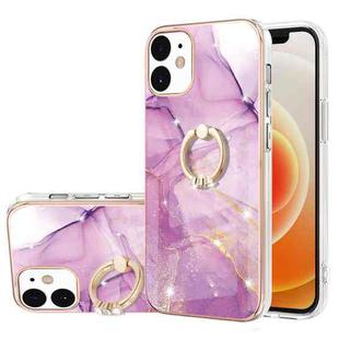 For iPhone 12 / 12 Pro Electroplating Marble Pattern IMD TPU Shockproof Case with Ring Holder(Purple 001)