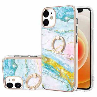 For iPhone 12 / 12 Pro Electroplating Marble Pattern IMD TPU Shockproof Case with Ring Holder(Green 004)