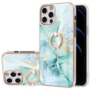 For iPhone 12 Pro Max Electroplating Marble Pattern IMD TPU Shockproof Case with Ring Holder( Green 003)