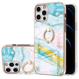 For iPhone 12 Pro Max Electroplating Marble Pattern IMD TPU Shockproof Case with Ring Holder(Green 004)