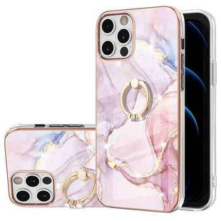 For iPhone 12 Pro Max Electroplating Marble Pattern IMD TPU Shockproof Case with Ring Holder(Rose Gold 005)