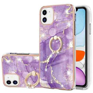 For iPhone 11 Electroplating Marble Pattern IMD TPU Shockproof Case with Ring Holder (Purple 002)