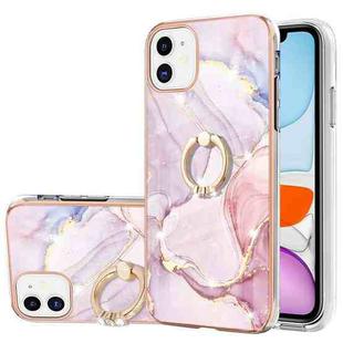 For iPhone 11 Electroplating Marble Pattern IMD TPU Shockproof Case with Ring Holder (Rose Gold 005)