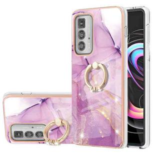 For Motorola Moto Edge 20 Pro Electroplating Marble Pattern IMD TPU Shockproof Case with Ring Holder(Purple 001)