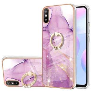 For Xiaomi Redmi 9A Electroplating Marble Pattern IMD TPU Shockproof Case with Ring Holder(Purple 001)