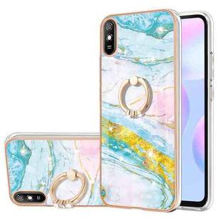 For Xiaomi Redmi 9A Electroplating Marble Pattern IMD TPU Shockproof Case with Ring Holder(Green 004)