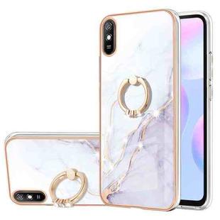 For Xiaomi Redmi 9A Electroplating Marble Pattern IMD TPU Shockproof Case with Ring Holder(White 006)