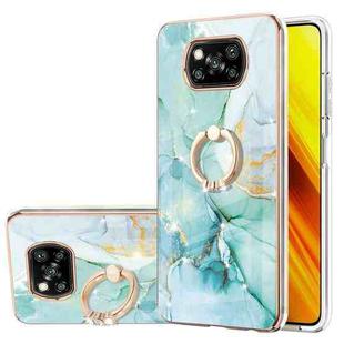 For Xiaomi Poco X3 NFC Electroplating Marble Pattern IMD TPU Shockproof Case with Ring Holder(Green 003)