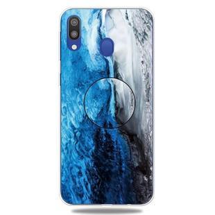 For Galaxy A30 Embossed varnished Marble TPU Protective Case with Holder(Dark Blue)