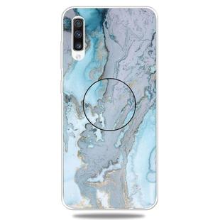 For Galaxy A50 Embossed varnished Marble TPU Protective Case with Holder(Silver Blue)