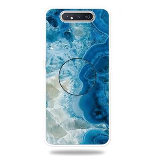 For Galaxy A80 Embossed varnished Marble TPU Protective Case with Holder(Light Blue)