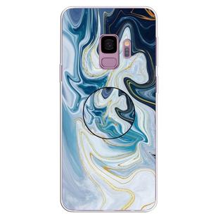 For Galaxy S9 Embossed varnished Marble TPU Protective Case with Holder(Gold Line Blue)