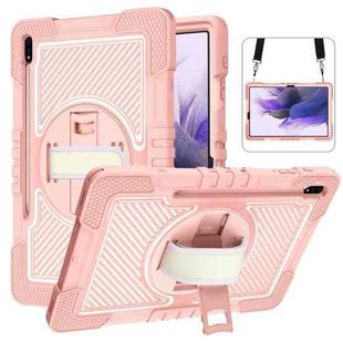 For Samsung Galaxy Tab S7 FE T730 / T735 / Tab S7+ T970 / T975 360 Degree Rotation Contrast Color Shockproof Silicone + PC Case with Holder & Hand Grip Strap & Shoulder Strap(Rose Gold)