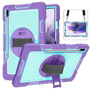 For Samsung Galaxy Tab S7 FE T730 / T735 / Tab S7+ T970 / T975 360 Degree Rotation Contrast Color Shockproof Silicone + PC Case with Holder & Hand Grip Strap & Shoulder Strap(Purple + Mint Green)