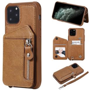 For iPhone 11 Pro Dual Buckles Zipper Shockproof Back Cover Protective Case with Holder & Card Slots & Wallet & Lanyard & Photos Frames(Coffee)