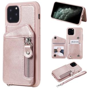 For iPhone 11 Pro Dual Buckles Zipper Shockproof Back Cover Protective Case with Holder & Card Slots & Wallet & Lanyard & Photos Frames(Rose gold)