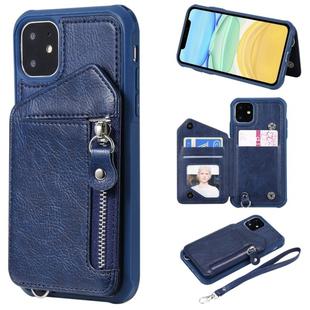 For iPhone 11 Dual Buckles Zipper Shockproof Back Cover Protective Case with Holder & Card Slots & Wallet & Lanyard & Photos Frames(Blue)