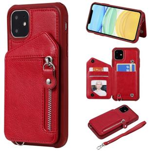 For iPhone 11 Dual Buckles Zipper Shockproof Back Cover Protective Case with Holder & Card Slots & Wallet & Lanyard & Photos Frames(Red)