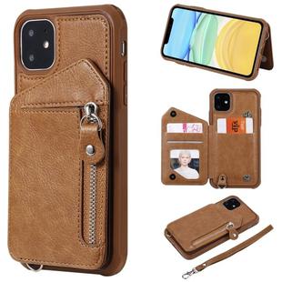 For iPhone 11 Dual Buckles Zipper Shockproof Back Cover Protective Case with Holder & Card Slots & Wallet & Lanyard & Photos Frames(Coffee)